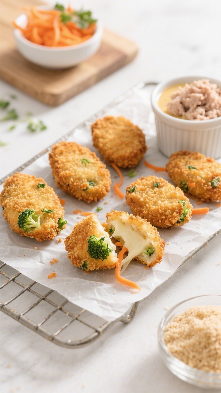 Straight-on plated presentation of cheesy chicken veggie nuggets: oval nuggets with a crisp, golden breadcrumb exterior, flecks of finely chopped broccoli and grated carrot visible in the interior where one nugget is split open, gooey mild mozzarella threads stretching. Arrange on a parchment-lined wire rack with a small ramekin of kid-friendly dipping sauce. Ingredients styled subtly around: a heap of breadcrumbs, a small bowl of ground chicken, and micro-grated carrot on a board. Clean, bright light with gentle shadows.