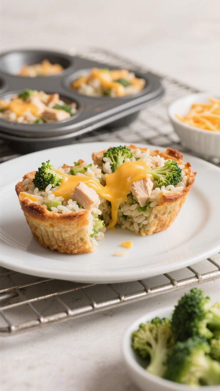 Straight-on plated presentation of cheesy chicken broccoli rice cups baked in a muffin tin, set on a wire rack. The compact cups show distinct grains of brown/white rice, finely chopped steamed broccoli, and bits of cooked chicken bound with melted cheddar or mozzarella, edges lightly crisped. One cup is halved to display the cheesy interior pull. Neutral backdrop, small bowl of extra shredded cheese and a pile of finely chopped broccoli florets included for visual cues, clean family-friendly styling with soft natural light.