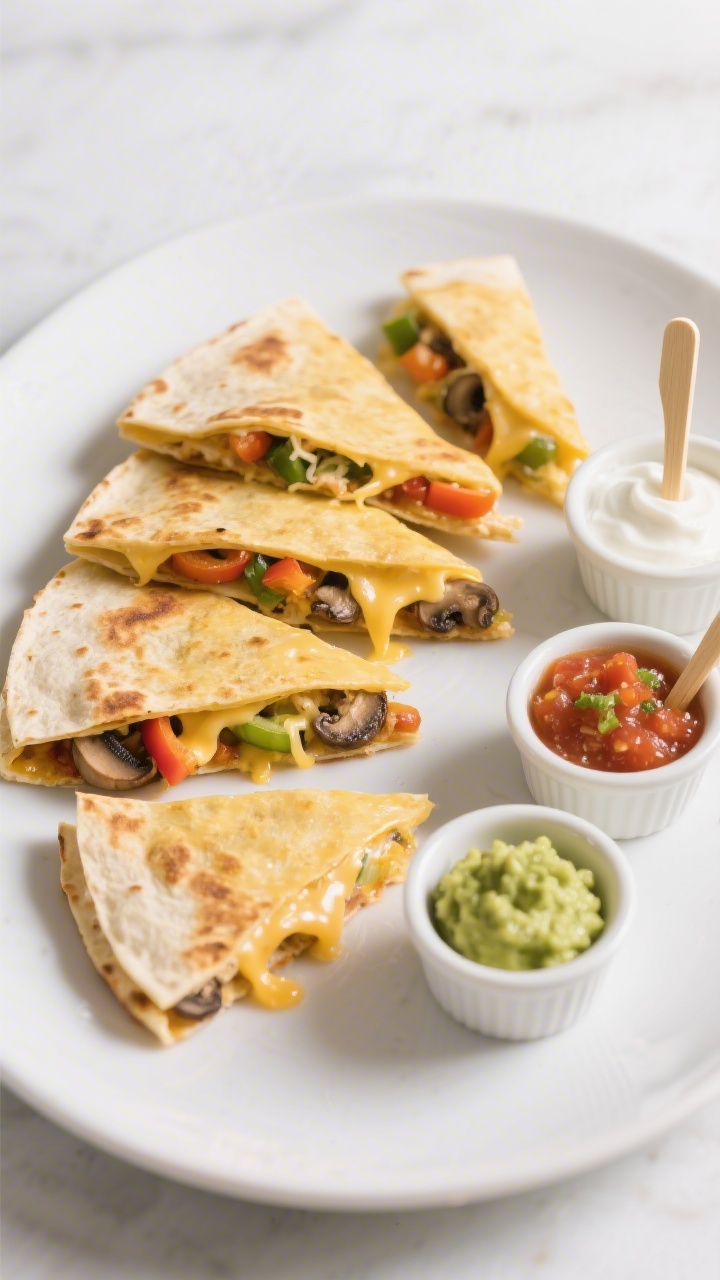 Straight-on plated presentation of cheesy veggie quesadilla triangles with “choice” dippers: golden, crisped flour tortillas (6-inch) cut into neat triangles, cheese pull from shredded mozzarella/Monterey Jack, with very finely chopped sautéed bell pepper and mushrooms peeking from the layers; served on a matte white plate with small ramekins of kid-friendly dippers (mild salsa, plain yogurt, or guacamole) arranged neatly; clean background, bright daylight, emphasis on gooey cheese and colorful veg, minimal props.