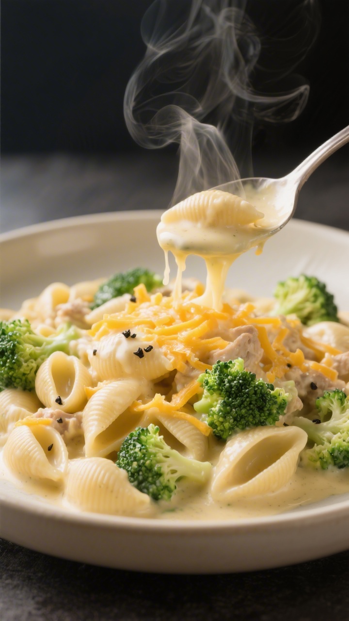 Straight-on plated presentation of creamy broccoli mac with extra protein: small pasta shells coated in a velvety cheese sauce made from butter, flour, milk, and shredded cheddar, with tender small broccoli florets throughout. Served in a matte cream bowl with a light cheese pull from a spoon, steam rising gently. Subtle sprinkle of black pepper, pale green and golden hues, family-comfort mood, shallow depth of field for ultra-creamy appeal.