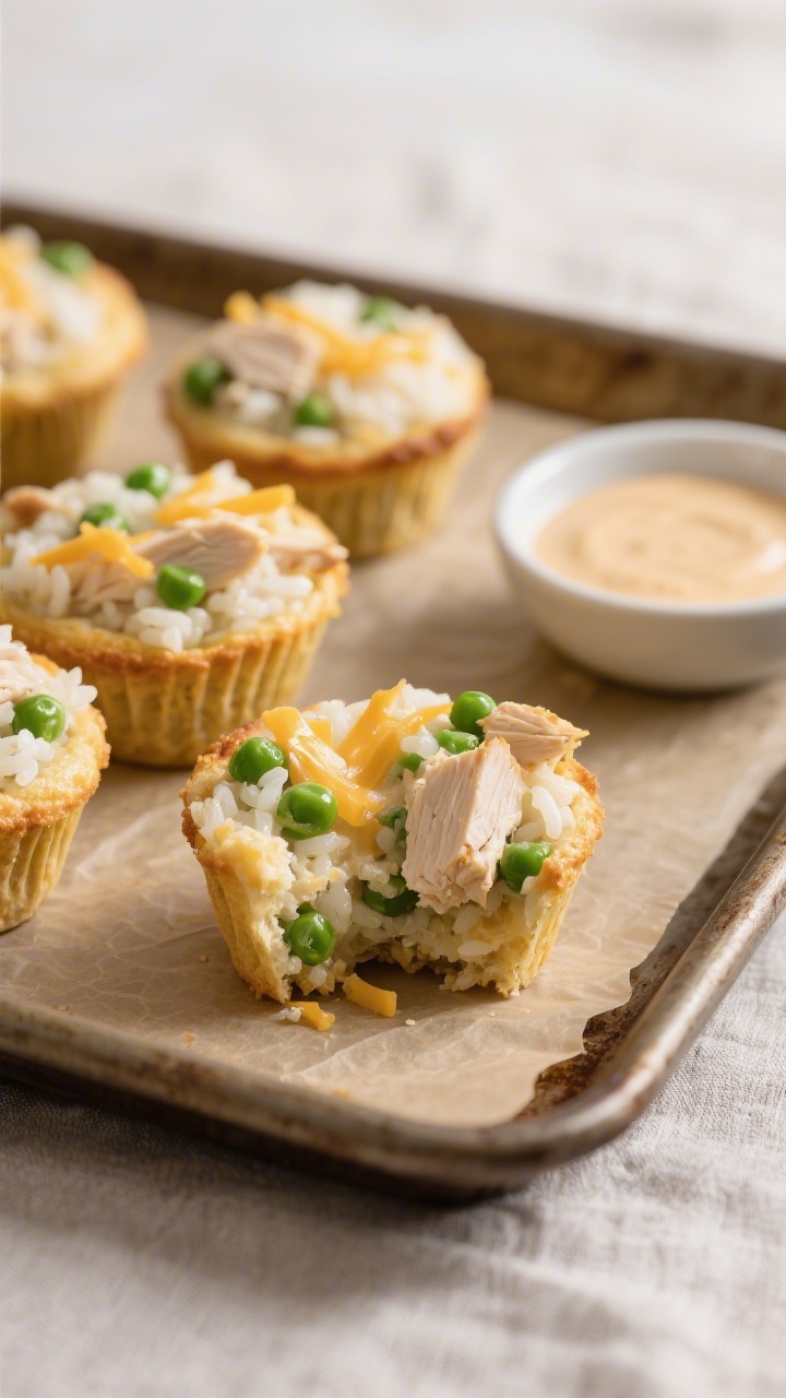 Straight-on plated presentation of creamy chicken, rice, and pea muffin cups: golden-edged, tender rice bakes packed with cooked rice, finely chopped rotisserie chicken, thawed peas, and mild shredded cheddar, arranged on a parchment-lined tray. One muffin split open to reveal the creamy interior with visible green peas and chicken pieces; a small dish of mild dipping sauce in frame. Soft, diffused light highlighting the moist, cheesy texture; neutral linen backdrop for a cozy, homemade vibe.