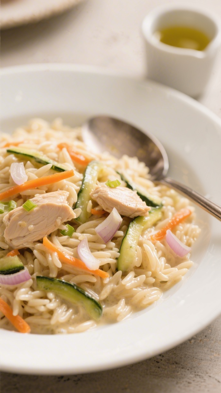 Straight-on plated presentation of creamy chicken orzo in a shallow white bowl, showing tender orzo coated in a glossy sauce with visible grated carrot and zucchini threads, small bites of chicken, and a sheen from olive oil; minced onion and garlic notes implied with a few translucent bits; a spoon resting in the bowl and a small cup of low-sodium chicken broth in the background, cozy weeknight vibe