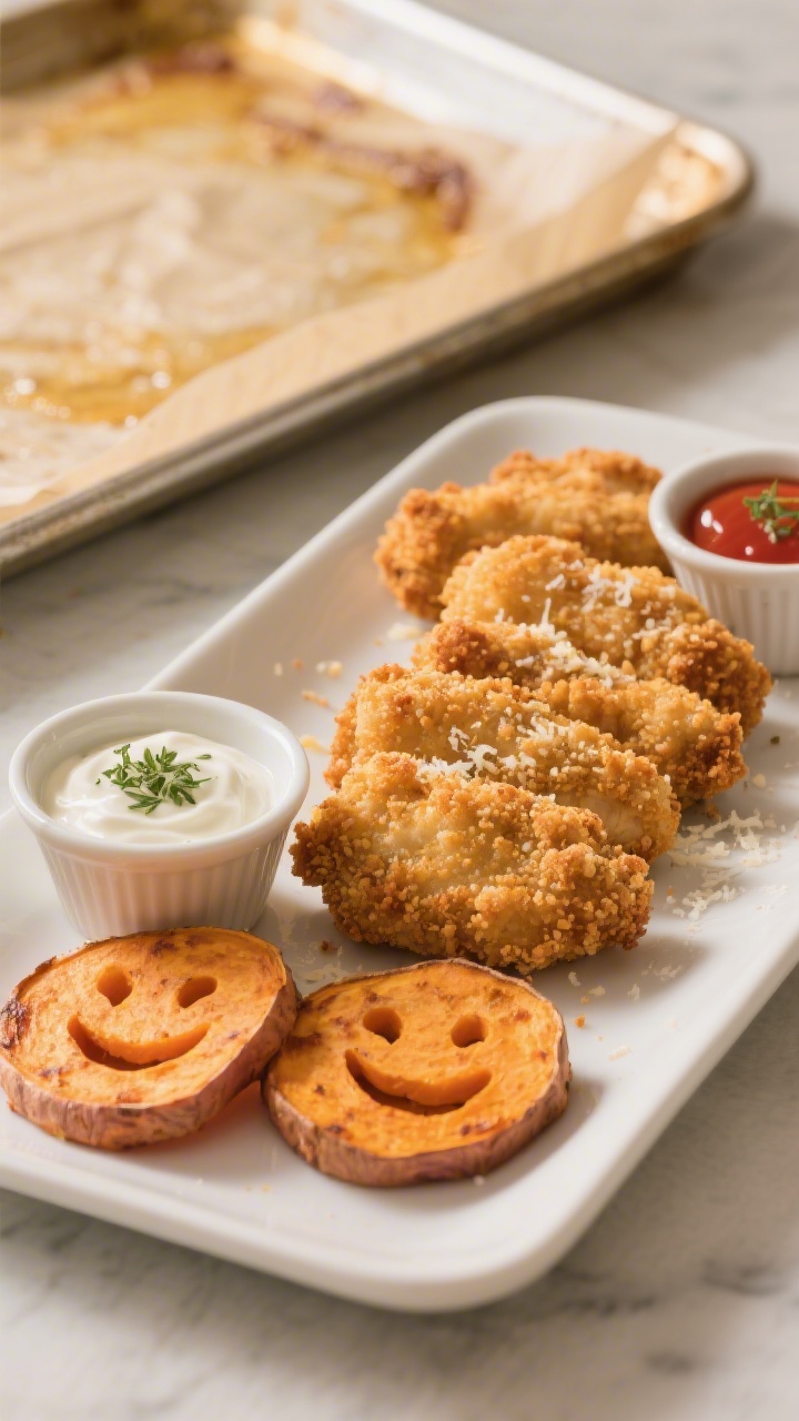 Straight-on plated presentation of Crispy Oven Chicken Nuggets arranged in a neat row on a white tray, visibly crunchy with fine breadcrumb/panko coating and a hint of grated Parmesan; alongside, cheerful “sweet potato smiles” cutouts, roasted to caramelized edges; tiny ramekins of ketchup and yogurt-herb dip; in the background, a sheet pan lined with parchment hints at oven-baked method; warm golden lighting accentuating crisp textures.