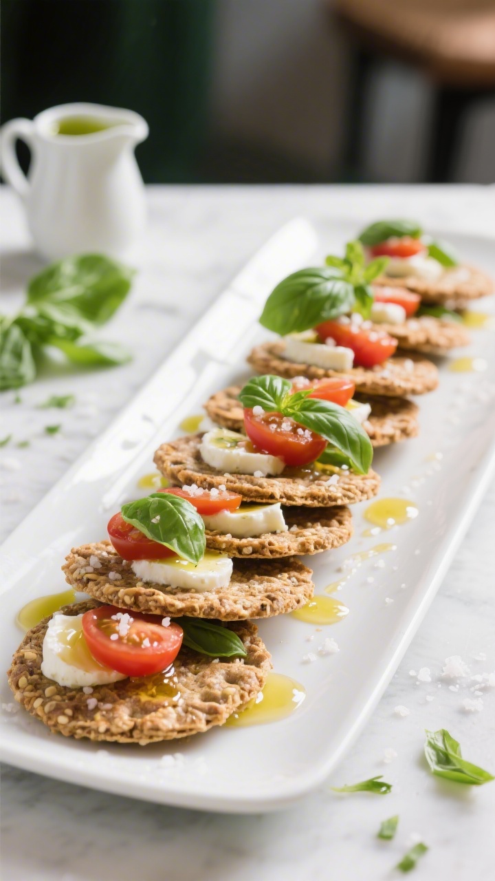 Straight-on plated presentation of crunchy Caprese cracker stacks on a long white platter: sturdy round multigrain crackers topped with glossy mozzarella pearls, cherry tomato halves, and ribbons of fresh basil. A delicate basil-infused olive oil drizzle glistens over the stacks; a pinch of flaky sea salt visible. Background includes a small pitcher with green basil drizzle and a scatter of extra basil shreds. Bright, fresh Mediterranean vibe with crisp focus on layers and crunch.