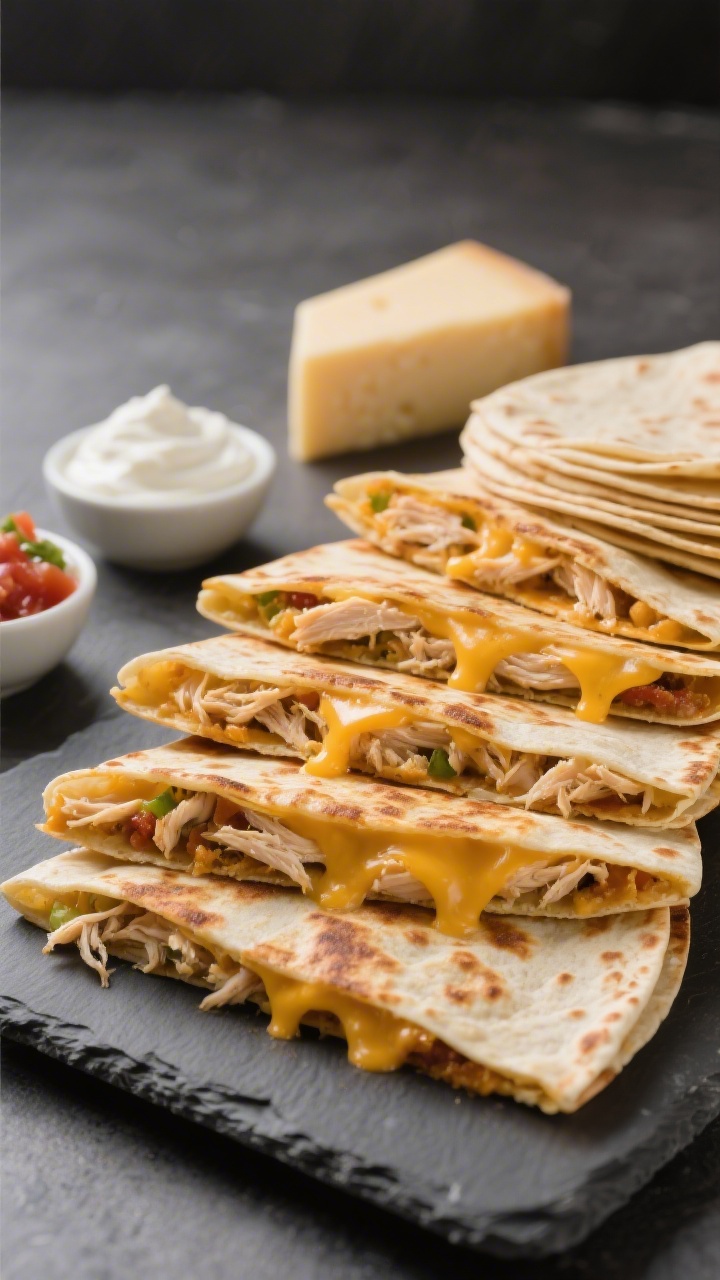 Straight-on plated presentation of five-ingredient chicken quesadilla foldovers: golden, crisped folded tortillas stuffed with juicy shredded chicken and melted cheese, edges bubbled and browned; sliced into halves to reveal gooey interior; served on a matte slate platter with simple sides of salsa and sour cream; a small stack of four tortillas (4) and a block of cheese in soft focus behind; clean, modern styling, directional light emphasizing texture and cheese pull.