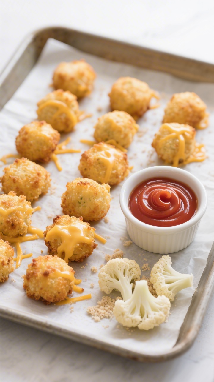 Straight-on plated presentation of golden-brown cheesy cauliflower tots arranged in neat rows on a parchment-lined baking tray, crisp edges and melty mild cheddar strands visible. A ramekin of smooth ketchup “clouds” swirled into soft peaks sits alongside, with a few raw cauliflower florets and breadcrumbs scattered for context. Clean, bright studio lighting emphasizing texture and crunch.