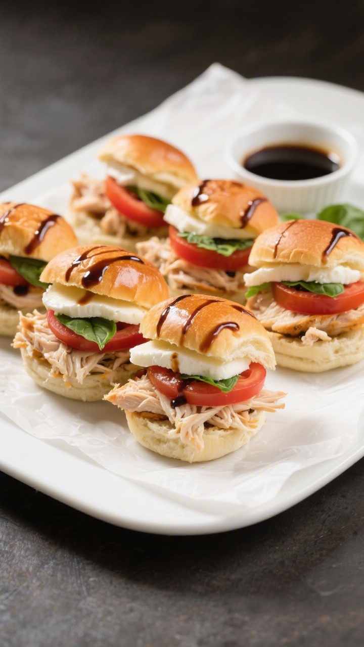 Straight-on plated presentation of mini caprese chicken sliders with balsamic drizzle: six soft slider rolls, each layered with shredded rotisserie chicken, thin slices of fresh mozzarella (or a small mound of low-moisture shredded mozzarella), thinly sliced grape tomatoes, fresh basil leaves for caprese vibe, finished with a glossy balsamic drizzle; arranged tightly on a white platter with parchment, slight backlight to highlight moisture and shine, focus on pillowy bun texture, creamy mozzarella, and juicy tomatoes; a small bowl of balsamic reduction and a few scattered basil leaves complete the scene.