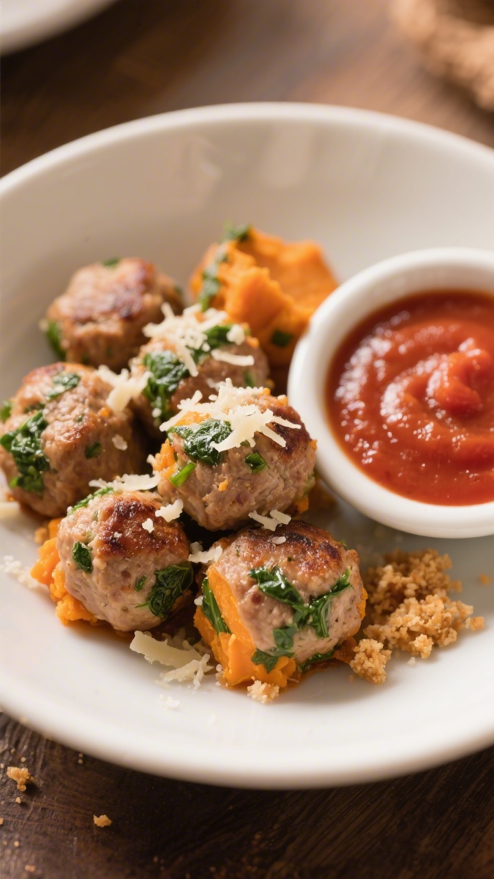 Straight-on plated presentation of mini chicken veggie meatballs with hidden sweet potato: small, evenly browned meatballs showing tiny green flecks of finely chopped spinach/kale and orange hue from mashed sweet potato, a light dusting of grated Parmesan on top; served in a shallow white bowl with a side of simple marinara for dipping and a few toasted breadcrumbs sprinkled around, warm cozy lighting highlighting juicy interiors.