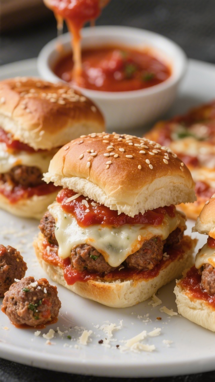Straight-on plated presentation of Mini Meatball Pizza Sliders: small toasted slider buns layered with marinara-sauced turkey/beef meatballs (breadcrumbs, Parmesan, garlic powder, Italian seasoning, salt, black pepper), melted mozzarella, and a sprinkle of grated Parmesan; a few extra meatballs in a small bowl of marinara in the background; gooey cheese pulls, sesame seed bun texture, rich reds and golden browns; crisp focus on the front slider stack, shallow depth of field.