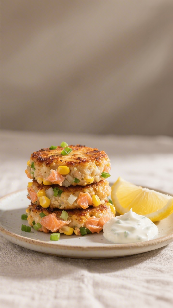 Straight-on plated presentation of mini salmon patties studded with sweet corn and very finely diced onion/green onion, seared to a crisp exterior and tender inside; stacked on a small plate with lemon wedge accents and a dollop of simple yogurt or tartar-style sauce; visible salmon flakes and corn kernels in each patty; neutral linen backdrop, gentle side lighting to emphasize texture and golden crust.