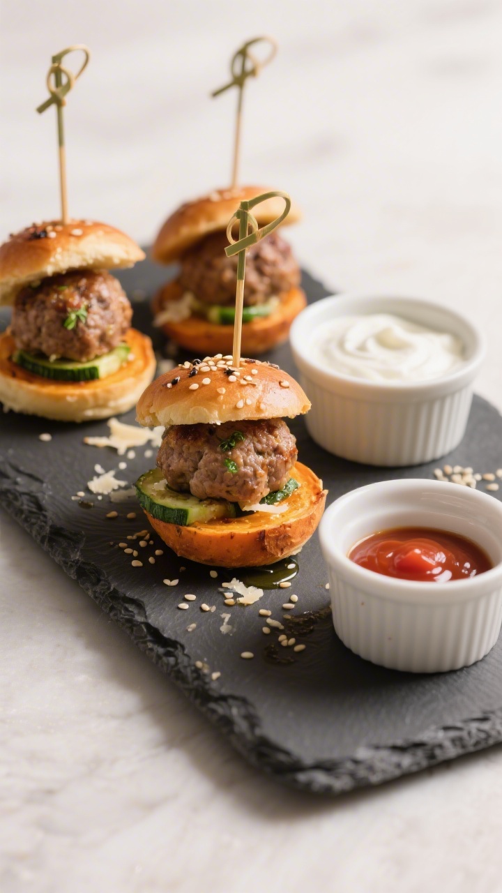 Straight-on plated presentation of mini turkey meatball sliders with sweet potato buns: seared, juicy turkey meatballs (ground turkey, breadcrumbs, grated zucchini, Parmesan, egg, garlic powder, oregano) tucked between thick, roasted sweet potato rounds acting as “buns,” lightly brushed with olive oil and sprinkled with sesame seeds. A few sliders are skewered, others stacked on a slate board; tiny flecks of green zucchini and Parmesan visible in the meatballs. Side ramekin of mild yogurt or ketchup for dipping, soft natural light.