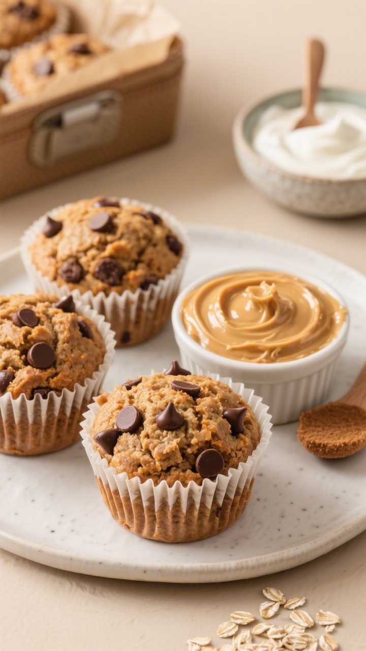 Straight-on plated presentation of Peanut Butter Chocolate Chip Power Muffins, rich peanut-buttery crumb studded with melty chocolate chips; a swirl of natural creamy peanut butter in a ramekin, a drizzle of maple syrup and a pinch of brown sugar nearby; small bowl of plain Greek yogurt and a scoop of oat flour in frame; lunchbox vibe with parchment muffin liners, warm neutral backdrop, shallow depth of field.