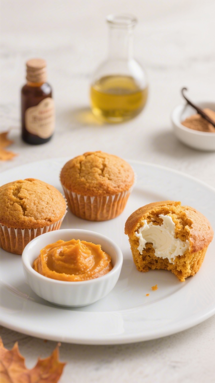 Straight-on plated presentation of pumpkin ricotta muffins: super soft, orange-tinged crumb with a tender dome, one muffin torn open to reveal creamy ricotta-laced interior; small bowl of pumpkin purée, a ramekin of light brown sugar, a bottle of vanilla, and a little dish of neutral oil in the background; warm autumnal tones, gentle spice suggestion, clean white plate for contrast.
