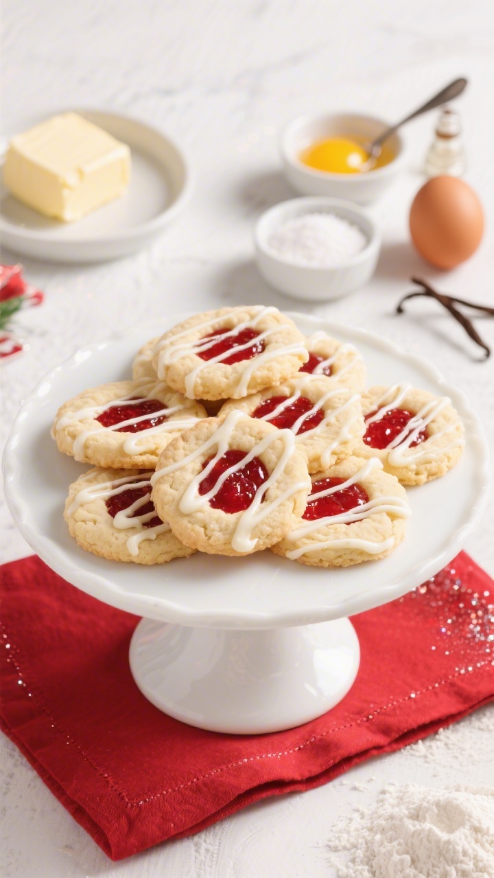 Straight-on plated presentation of Santa’s thumbprint cookies on a white cake stand: buttery shortbread rounds with neat thumbprint wells filled with bright red jam, finished with a delicate white chocolate drizzle that sets into glossy ribbons. Include cues of the dough components nearby: a pat of softened unsalted butter, granulated sugar in a small bowl, a single egg yolk in a spoon, vanilla extract bottle, and tiny bowls for baking soda and salt with all-purpose flour dusting the linen. Clean, cheerful holiday styling with a red napkin, sparkling highlights on the drizzle, crisp crumb texture visible, bright natural light.