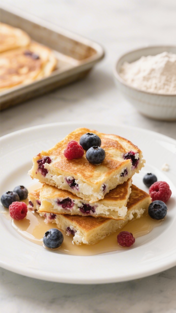 Straight-on plated presentation of Sheet-Pan Berry Pancake Squares With Hidden Cottage Cheese: fluffy, golden pancake squares cut from a sheet pan, studded with mixed berries, with a tender crumb hinting at cottage cheese inside. Stack a few squares on a white plate with a light drizzle of maple syrup and extra berries scattered around; background props include a cooling sheet pan and a bowl of dry ingredients (white whole-wheat flour, baking powder, baking soda, salt). Soft morning light, crisp focus on berry-studded edges, no people.