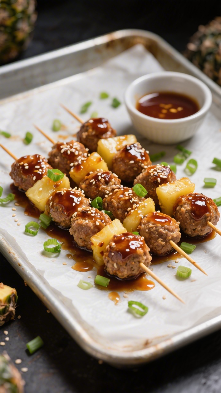 Straight-on plated presentation of sheet-pan teriyaki meatball skewers with pineapple: glossy chicken meatballs (ground chicken mixed with panko, egg, green onions, ginger, garlic, salt) threaded on skewers alternating with caramelized pineapple chunks, brushed with teriyaki glaze to a lacquered sheen; sesame seeds sprinkled on top, thinly sliced green onions scattered around; set on a parchment-lined sheet pan with a small bowl of extra glaze; rich, contrasty lighting to highlight the sticky glaze and juicy texture.
