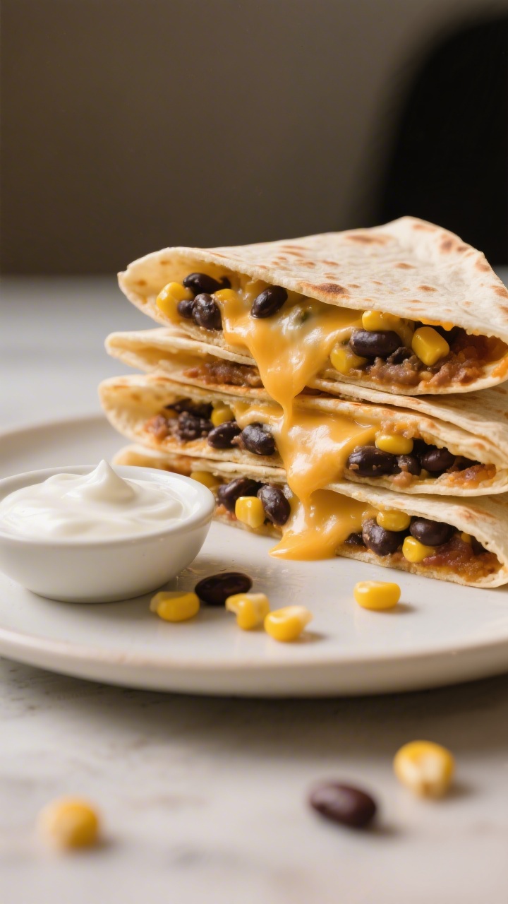 Straight-on plated presentation of Soft Quesadilla Wedges stacked in a fan, showing the melty Monterey Jack or cheddar, mashed low-sodium black beans, and sweet corn inside tender flour tortillas; a small dish of plain Greek yogurt for dipping, and a few extra corn kernels and beans scattered for context; warm, soft light to emphasize gooey cheese pull and soft textures suitable for toddlers.