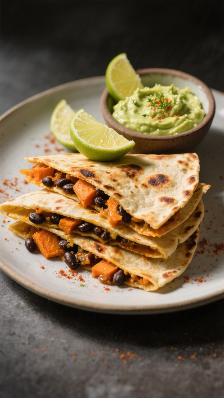 Straight-on plated presentation of sweet potato black bean quesadillas with avocado lime dip: golden, crisped tortilla wedges stacked to reveal a plush orange sweet potato and black bean filling seasoned with cumin, mild chili powder or smoked paprika, garlic powder, and kosher salt; charred spots and melted edges visible; a small bowl of silky pale-green avocado lime dip with microplane zest on top; lime wedges and a sprinkle of paprika on the plate; moody backdrop with directional light to emphasize texture contrast between creamy filling and crispy tortilla.