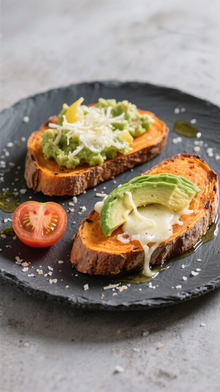 Straight-on plated presentation of sweet potato toasts: thick roasted sweet potato slices brushed with olive oil and lightly salted, topped with melted shredded mozzarella, a generous avocado smash (avocado mixed with lemon juice), and optional thin tomato slices; cheese pull on one piece, vibrant orange and green contrast, set on a slate board for a crisp, modern look.