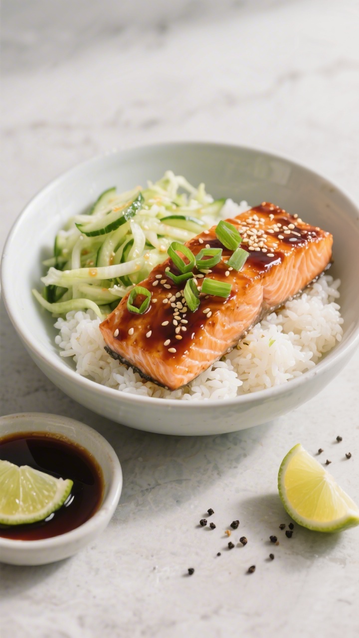 Straight-on plated presentation of teriyaki salmon rice bowls: lacquered salmon fillets with sesame-studded teriyaki glaze set over fluffy jasmine rice, thinly sliced green onions sprinkled on top, and a side of crunchy cucumber slaw glistening with light dressing; a small dish of extra teriyaki sauce and lime wedges nearby, black pepper flecks visible; clean, modern ceramics on a light stone surface, soft directional light highlighting the glaze.