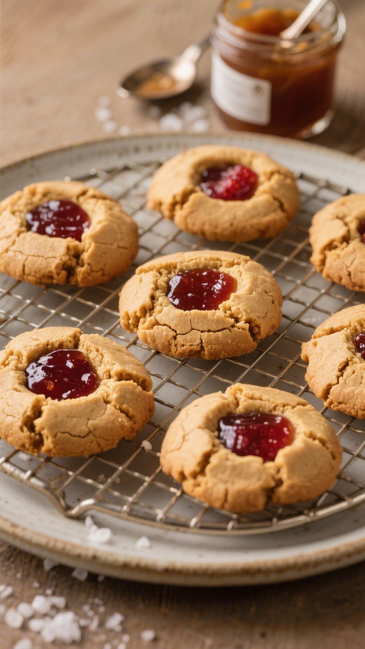 Straight-on plated presentation: One-Bowl Peanut Butter Thumbprints with jammy centers arranged on a cooling rack and a ceramic plate; golden, crackled peanut butter cookies with deep thumbprint wells filled with glistening strawberry and grape jam. Texture details: slightly craggy edges from baking soda and a tender crumb from peanut butter, brown sugar sweetness. Include a small jar of jam with a spoon, a dusting of flaky salt nearby. Warm, cozy light, medium depth of field.
