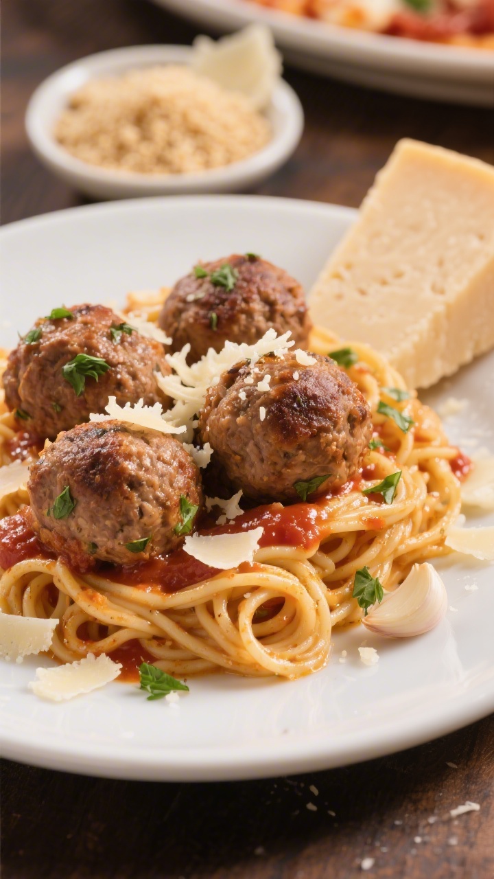 Straight-on plated presentation with process detail: pizza-inspired turkey meatballs nestled atop twirly garlic noodles. Meatballs show browned exterior, speckled with oregano and basil, finished with a light gloss of marinara and a shower of grated Parmesan; the noodles glisten with garlic butter, tiny flecks of garlic and parsley visible. A small dish of panko breadcrumbs and a wedge of Parmesan in the background for context. Rich, warm tones, shallow depth of field to highlight meatball texture and cheese shavings.