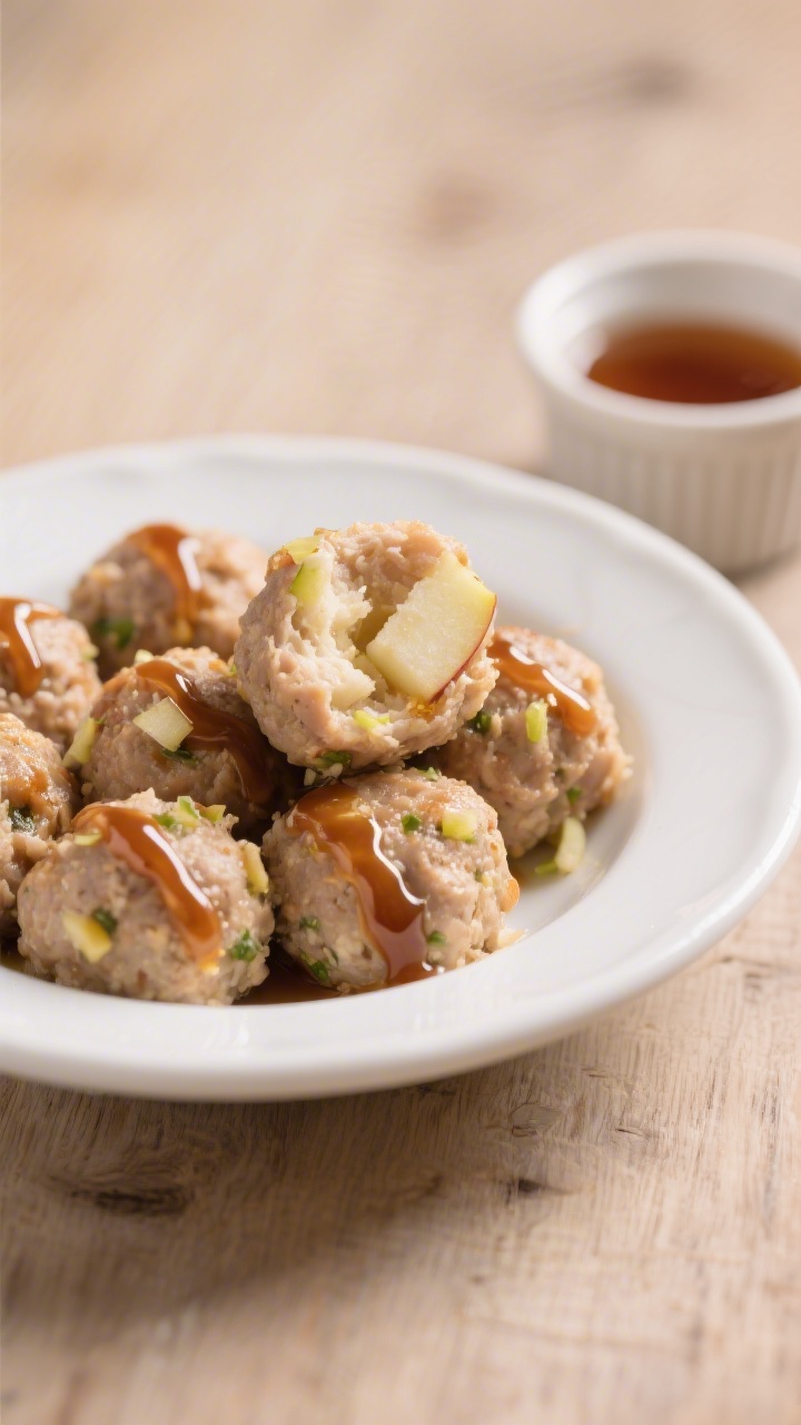 Straight-on plated scene of Mini Chicken Apple Meatballs with a glossy maple drizzle: bite-size meatballs made from ground chicken or turkey, grated sweet apple (juice squeezed), fine breadcrumbs, egg, and a hint of Dijon; arranged in a shallow white bowl with the maple syrup lightly zigzagged over the top, flecks of apple visible in the tender interior of one cut-open meatball; small ramekin of maple on the side, neutral wooden surface, soft afternoon light for a cozy feel.