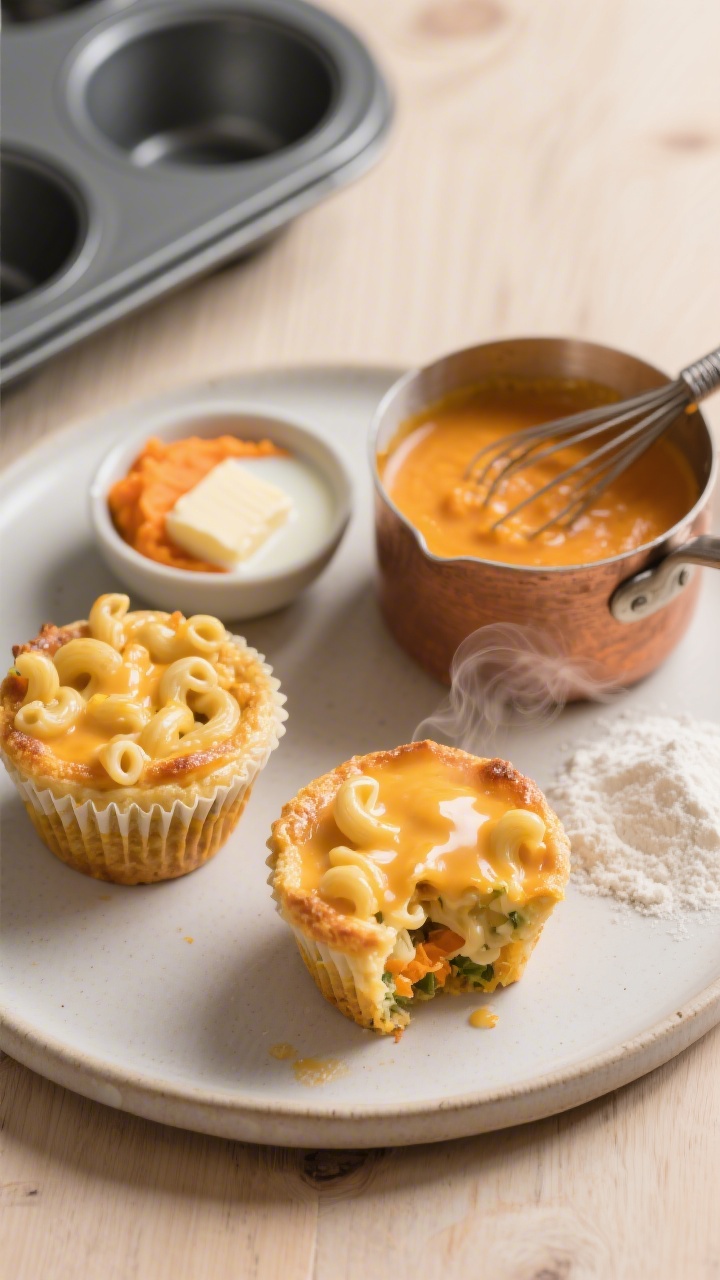 Straight-on plated shot of creamy hidden-veggie mac and cheese baked into tidy cups: glossy, velvety elbows coated in a butternut squash–infused cheese sauce, lightly set in muffin-tin shapes with faint golden tops. One cup cut open to reveal the ultra-creamy interior; nearby a small saucepan of warm orange-hued puree-milk-butter-flour sauce with a whisk. Include ingredients in frame: a small bowl of butternut squash puree (or carrot puree), milk, butter pat, and flour dusting. Neutral ceramic plate on a pale wood surface, gentle steam visible.