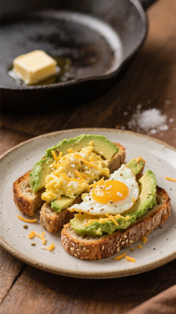 Straight-on plated shot of eggy avocado toast fingers: a slice of whole-grain bread toasted and cut into easy-to-grab strips, each topped with mashed ripe avocado, soft-scrambled egg, and a light “confetti” sprinkle of shredded mild cheddar; a pat of butter melting on a warm skillet in the background and a pinch of salt nearby; warm tones, rustic ceramic plate, crisp details showing the toast’s seeded texture and creamy avocado.