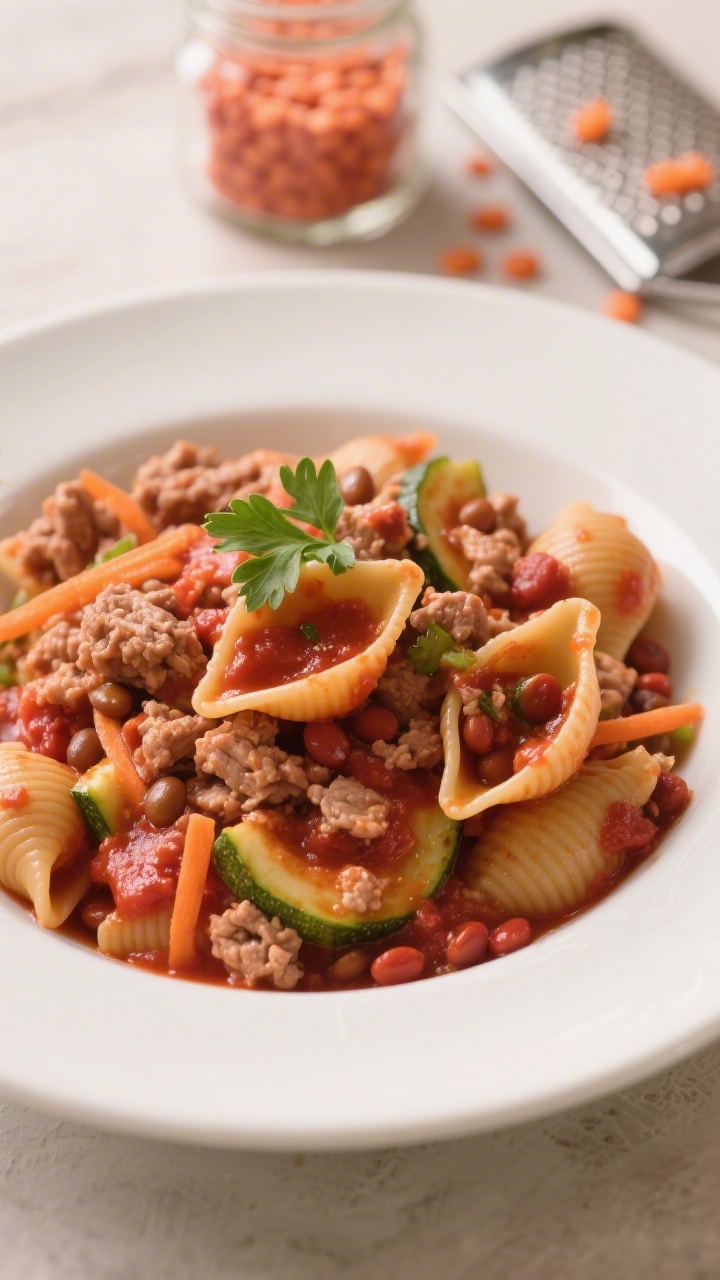 Straight-on plated shot of turkey marinara mini-pasta with hidden lentils: small shells folded into a rich red marinara studded with lean ground turkey, finely grated carrot, finely grated zucchini (squeezed), and soft red lentils blended into the sauce for a silky body. Served in a toddler-size white bowl with a tiny sprinkle of fresh parsley for color. Visible texture of meat and veg flecks without large chunks; glossy sauce clinging to pasta. Props include a small jar of dry red lentils and a grater with carrot/zucchini remnants. Warm, cozy tones, gentle side light.