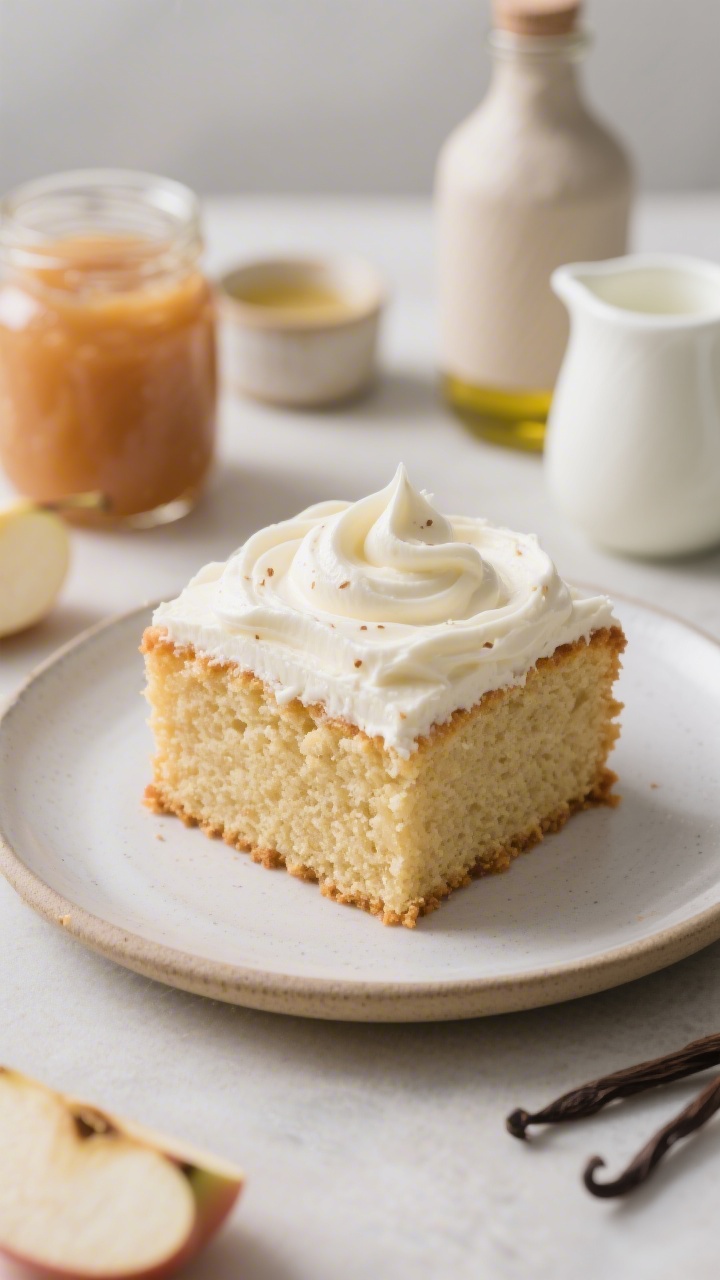 Straight-on plated slice: Applesauce Vanilla Snack Cake with a thick, pillowy cream cheese cloud frosting, one generous square on a matte ceramic plate; moist, pale-golden crumb from unsweetened applesauce and whole milk, frosting swooped high with subtle vanilla flecks; background includes key ingredients styled neatly—applesauce jar, neutral oil bottle, a splash of milk in a tiny pitcher, and vanilla extract—soft afternoon light, clean family-friendly mood.