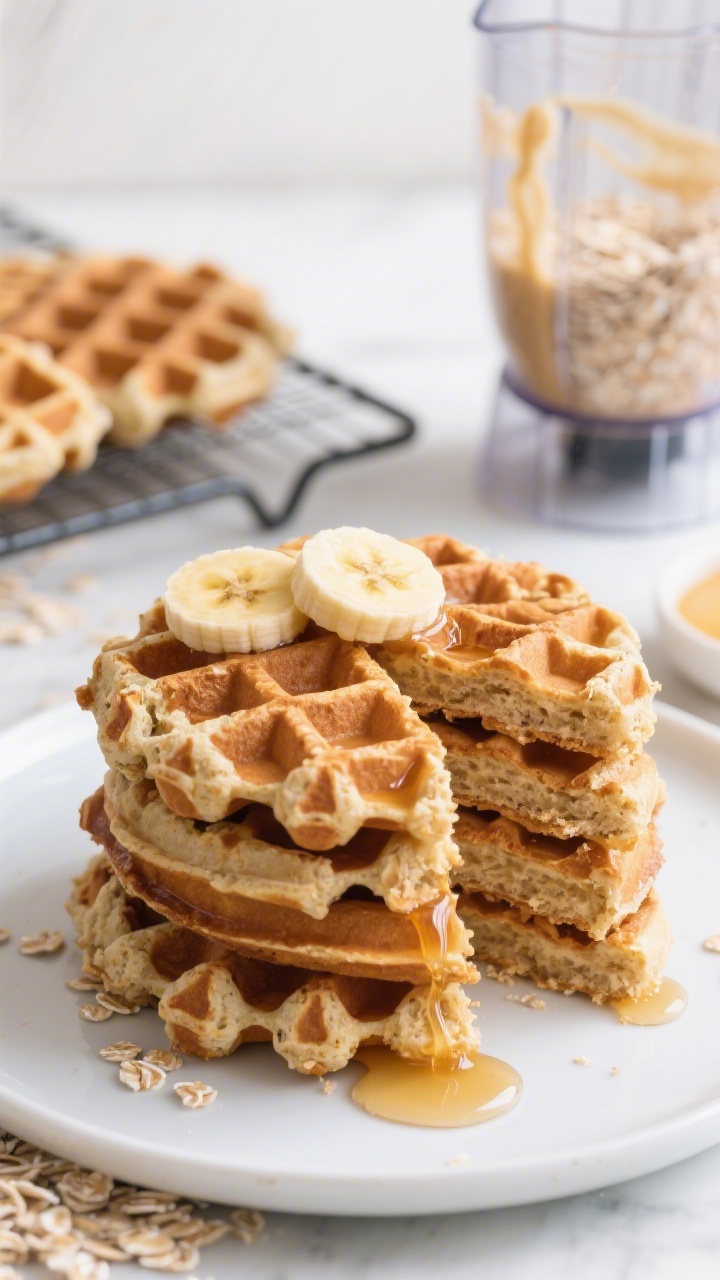 Straight-on plated stack of Banana Oat Blender Waffles: deep golden waffles made from blended rolled oats, ripe banana, eggs, milk, melted butter, and baking powder; crisp edges with fluffy interiors visible at a cut wedge; topped with sliced banana and a light pat of butter just melting, maple syrup cascading down the stack; a cooling rack with extra waffles behind, blender jar with oat-banana batter slightly out of focus; clean, bright breakfast scene.