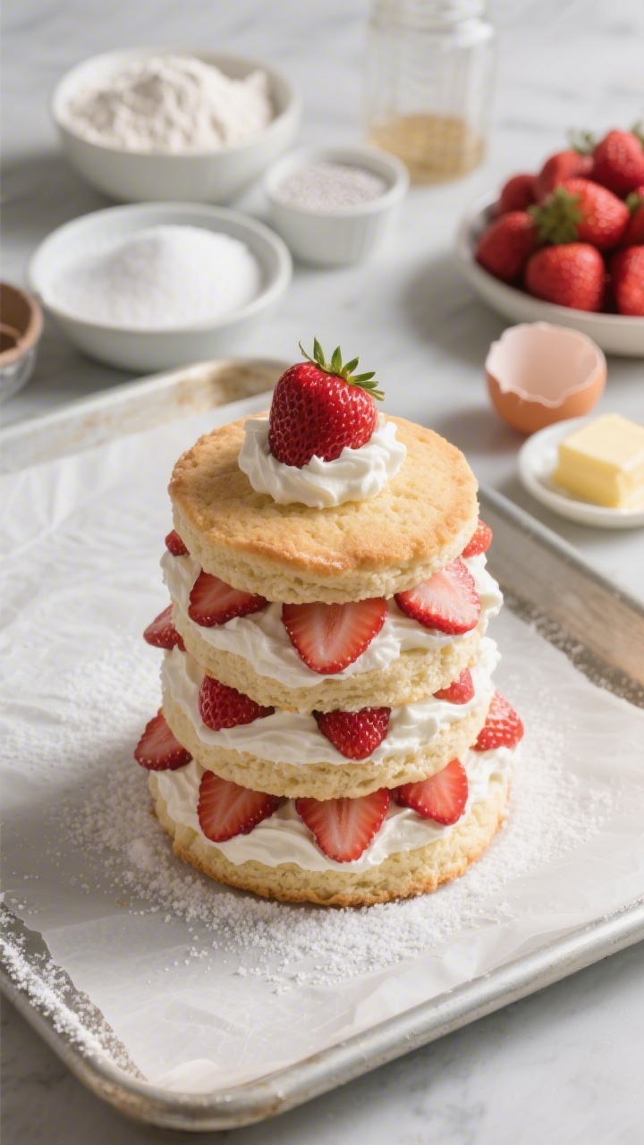 Straight-on process shot of the Strawberry Shortcake Princess Tower (No-Fail Stack): stacked shortcake layers alternating with generous whipped cream and glossy fresh strawberry slices, forming a petite tower crowned with a strawberry fan; show nearby ingredients and tools—sacks or bowls of all-purpose flour, baking powder, baking soda, fine salt, granulated sugar, melted and cooled unsalted butter, two cracked eggs in a dish, and a mound of hulled strawberries; placed on a parchment-lined baking sheet with light dusting of sugar, natural daylight from the side to emphasize crumb texture, strawberries glistening.
