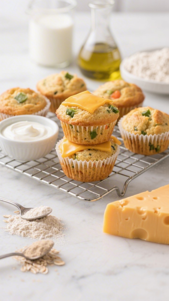 Straight-on savory scene of Cheddar Veggie Muffins for kids: golden tops with melted cheddar pockets and visible veggie flecks, stacked on a wire rack; a small bowl of plain Greek yogurt, a beaker of olive oil, splash of milk, white whole wheat flour and oat flour in tiny mounds; baking powder/soda spoons and a wedge of cheddar in frame; clean, bright kitchen light, appetizing savory crumb emphasized.