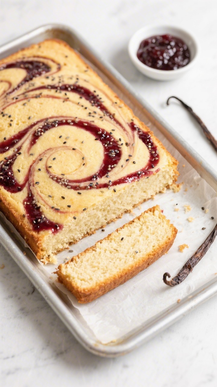 Straight-on sheet cake reveal: Vanilla-Bean Yogurt Sheet Cake baked golden with a luscious berry chia jam swirl marbling across the surface; visible vanilla bean specks in the tender crumb, slice pulled slightly forward to show moist texture from full-fat yogurt, whole milk, and melted butter; a small dish of berry chia jam and a split vanilla bean beside the pan; crisp, bright styling, minimalism that highlights the dramatic swirl.