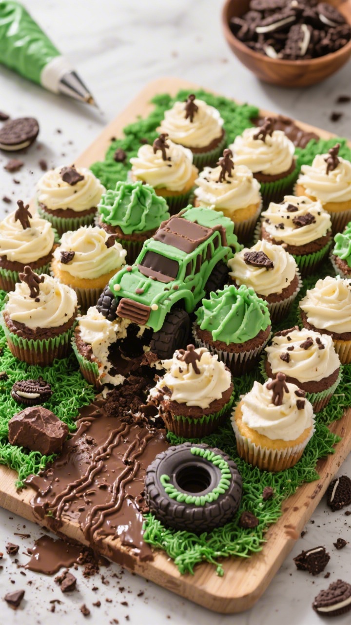 Straight-on shot of a Monster Truck Smash cupcake-cake arranged on a board: 24 cupcakes pushed together and frosted as one pull-apart design. Base coat of vanilla buttercream tinted with green gel for grassy mounds and brown gel for dirt patches, with chocolate frosting tracks and ruts. Crushed chocolate cookies scattered as dirt clods, a few chocolate rocks, and buttercream “mud splatters.” A small edible fondant tire outline and piped tread marks add detail; no figurines of people. Edges of individual cupcakes subtly visible. Bright, playful lighting, vibrant greens and rich browns, with a piping tip and a bowl of crushed cookies in the background for context.