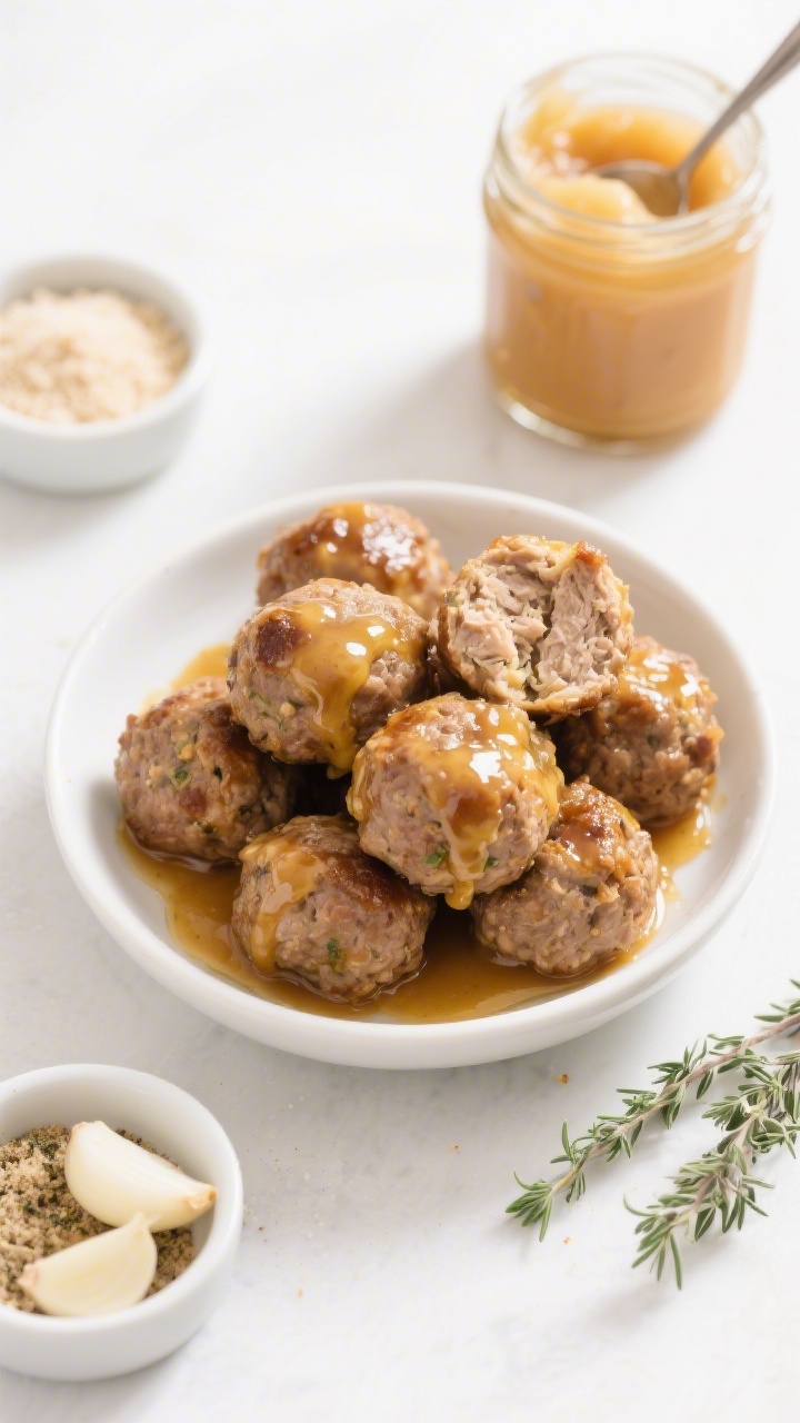 Straight-on shot of applesauce turkey meatballs glazed with a mild maple-mustard sheen: bite-sized, evenly browned meatballs piled in a shallow white bowl, light golden glaze clinging and pooling slightly. Sprinkle of dried thyme leaves nearby, with a tiny pinch bowl of onion and garlic powder, breadcrumbs in the background, and a jar of unsweetened applesauce with a spoon. One meatball cut to show tender interior. Clean, bright studio light, appetizing gloss.