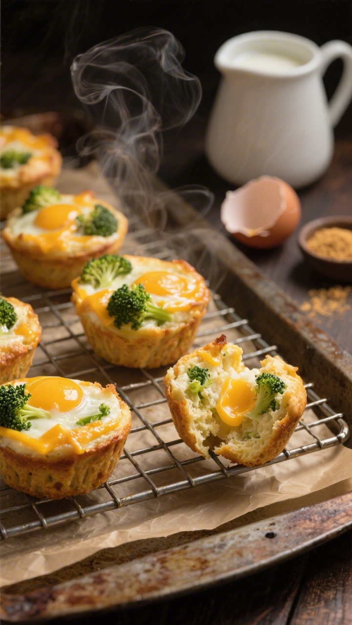 Straight-on shot of cheesy broccoli egg muffins on a wire rack, steam faintly visible, showcasing melty cheddar pockets and very tender green broccoli pieces within the fluffy eggs; a cracked egg shell, a small pitcher of milk, and a pinch bowl of garlic powder nearby; one muffin split open to reveal texture; rustic baking tray, parchment, warm contrasty light.