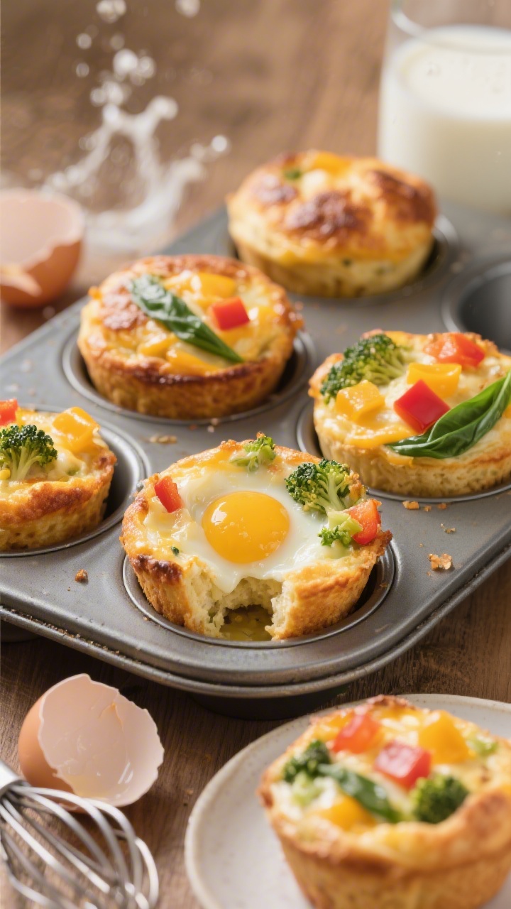 Straight-on shot of cheesy egg muffins in a muffin tin, tops puffed and browned with melted cheddar or mozzarella, colorful dice of bell pepper, spinach ribbons, and broccoli bits visible within; one muffin cut open on a small plate to show custardy interior; a whisk, cracked eggshells, and milk splash in background blur; warm, breakfasty light, inviting and portable.