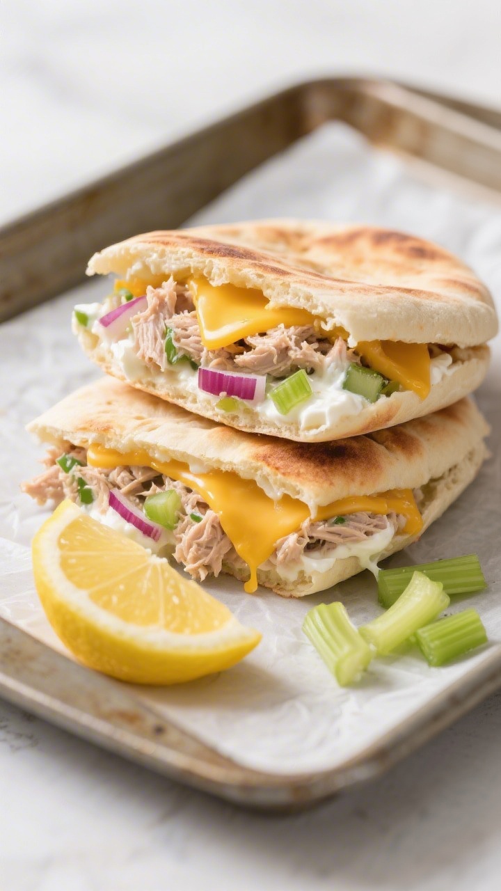 Straight-on shot of mini tuna melt pita pockets: halved mini pitas stuffed with tuna mixed with Greek yogurt, a touch of mayo, Dijon, lemon juice, finely diced celery, and red onion; melted cheddar peeking out, edges slightly toasty; pockets propped upright on a small baking tray with parchment, a lemon wedge and extra celery bits nearby; visible creamy tuna texture with crisp veg flecks; bright, appetizing melt with gentle cheese pull.