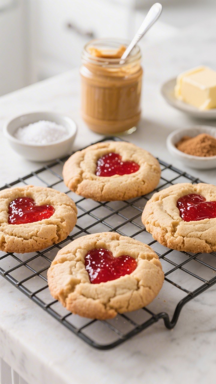Straight-on shot of No-Chill Peanut Butter Thumbprints with glossy jam hearts on a cooling rack: tender, crisscross-textured PB cookies pressed with deep thumbprints filled with bright red strawberry jam, creamy peanut butter in an open jar with a spoon, small bowls of baking soda and fine salt, softened unsalted butter and a mix of brown and granulated sugar visible in the background; clean kitchen backdrop, sharp focus on jammy centers, inviting, kid-friendly vibe.