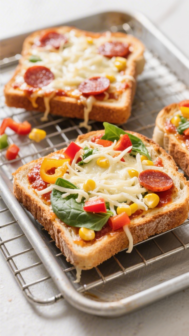 Straight-on shot of pizza toast on a wire rack set over a baking sheet: thick slices of sturdy sourdough topped with pizza sauce, a generous blanket of shredded mozzarella, mini pepperoni on some slices, and a rainbow of veggies—diced red and yellow bell peppers, baby spinach ribbons, and sweet corn kernels. Cheese is melted and bubbling with light browning at edges, strings stretching between slices. Bright, kid-appealing colors, clean background, natural daylight, tight composition.