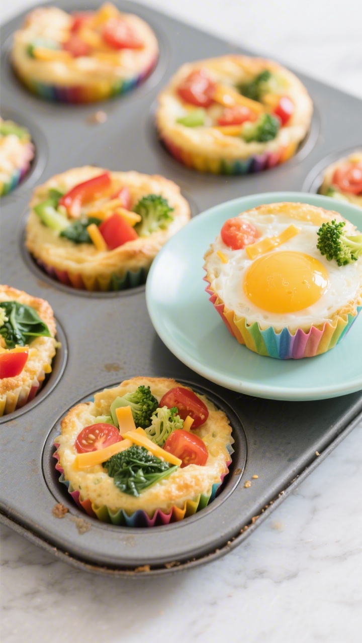 Straight-on shot of rainbow egg muffin cups cooling in a nonstick muffin tin: puffy, set egg bites studded with finely chopped mixed veggies (red bell pepper, spinach, tiny broccoli florets, tomatoes) and shreds of mild cheddar/Monterey Jack visible; one muffin lifted onto a small pastel plate showing the tender interior; minimal props, clean countertop, bright morning light for a cheerful, kid-friendly feel.