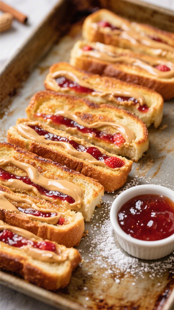 Straight-on shot of sheet-pan PB&J French toast sticks just out of the oven: thick brioche slices cut into sticks, baked to a custardy golden brown with visible swirls of creamy peanut butter and strawberry jam peeking from the centers; a small bowl of the egg-and-milk custard with vanilla and cinnamon off to the side; dusting of powdered sugar and a ramekin of warm jam for dipping; crisp edges, glossy sheen, cozy weekend morning mood.