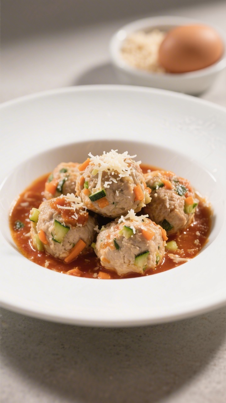 Straight-on shot of soft chicken veggie meatballs nestled in a mild marinara pool, showing moist interior flecks of finely grated zucchini and carrot; a sprinkle of finely grated parmesan on top, with a small dish of breadcrumbs and an egg in the background to hint prep; served in a low, wide white bowl; gentle side light emphasizing tender texture, minimal garnish to keep flavors mild.