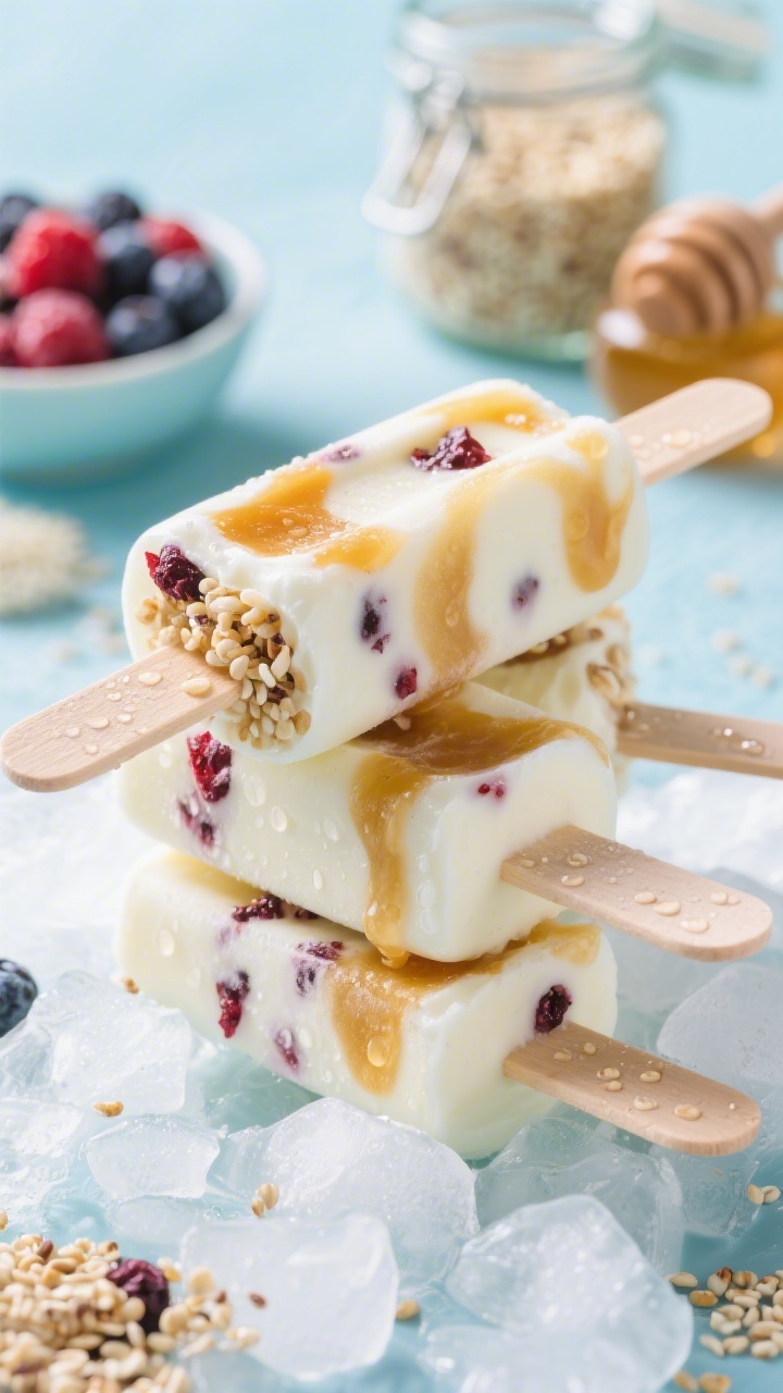 Straight-on shot of yogurt parfait popsicles stacked on crushed ice: creamy whole milk Greek yogurt pops marbled with honey/maple and vanilla, speckled with hidden quinoa crunch, studded with finely chopped berries; wooden sticks branded with faint grain; droplets of condensation for refreshment; ingredients set behind slightly out of focus—jar of cooked cooled quinoa, bowl of berries, small honey pot; bright, playful color palette.