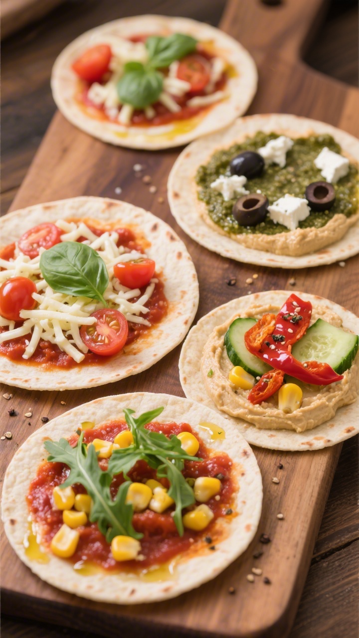 Straight-on shot of Zesty No-Cook Tortilla Pizzas kids can customize: four small tortillas (4 small) on a wooden board, each uniquely topped—one with tomato sauce, shredded mozzarella, cherry tomatoes, and basil; another with pesto, feta, and olives; a third with hummus, cucumber, and roasted red pepper; a fourth with marinara, sweet corn, and arugula—finished with a light olive oil drizzle and cracked pepper. Emphasize vibrant toppings, clean edges of tortillas, soft side lighting for appetizing sheen, shallow depth of field.