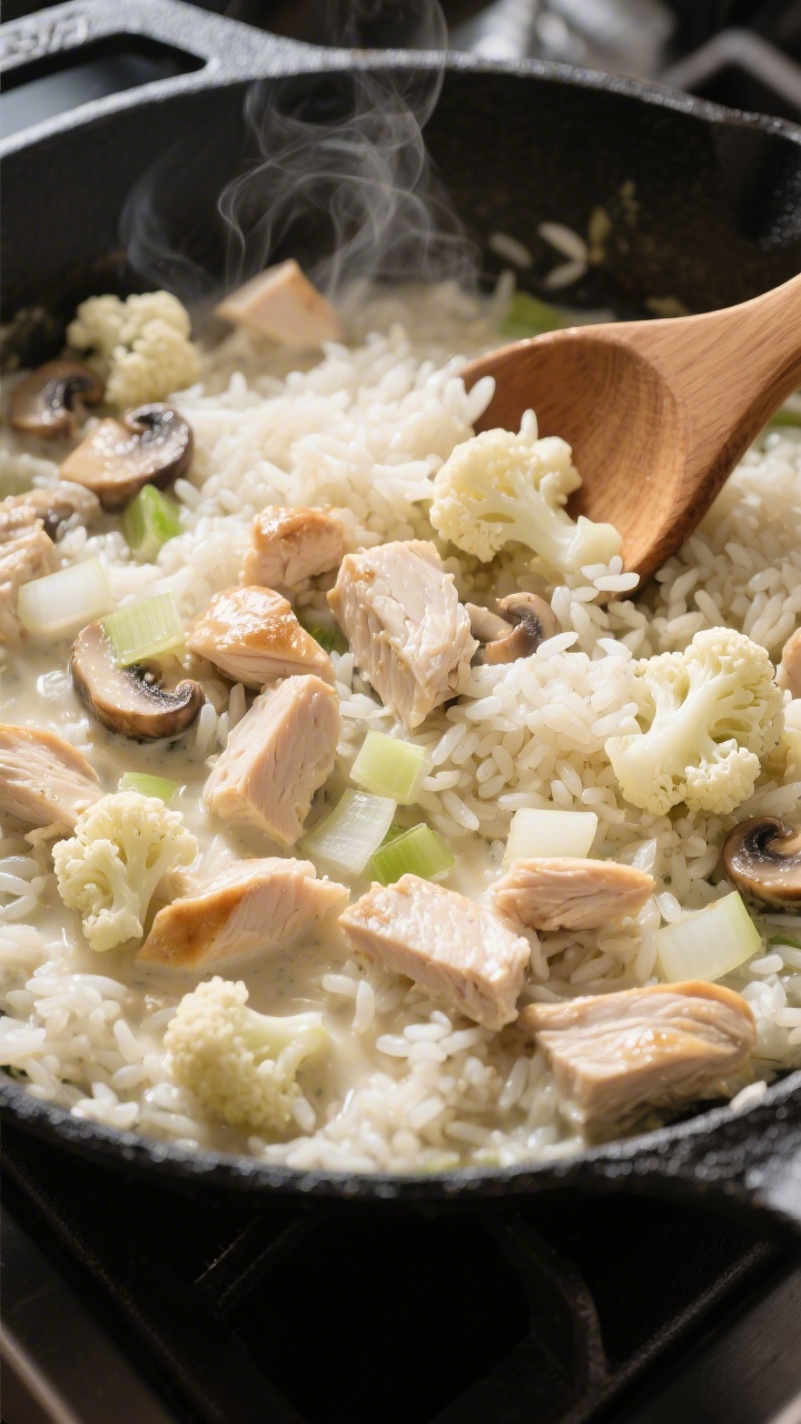 Straight-on skillet scene capturing the cooking process of a creamy chicken and rice dinner with hidden cauliflower: a wide black skillet filled with tender long-grain white rice, small cubes of chicken, very finely diced onion, riced cauliflower folded in, and optional finely chopped mushrooms adding umami; the mixture looks creamy and comforting with subtle gloss. Steam visible, a wooden spoon resting on the skillet rim, ingredients cohesive but distinct. Warm kitchen tones, soft side light highlighting grains and chicken pieces.