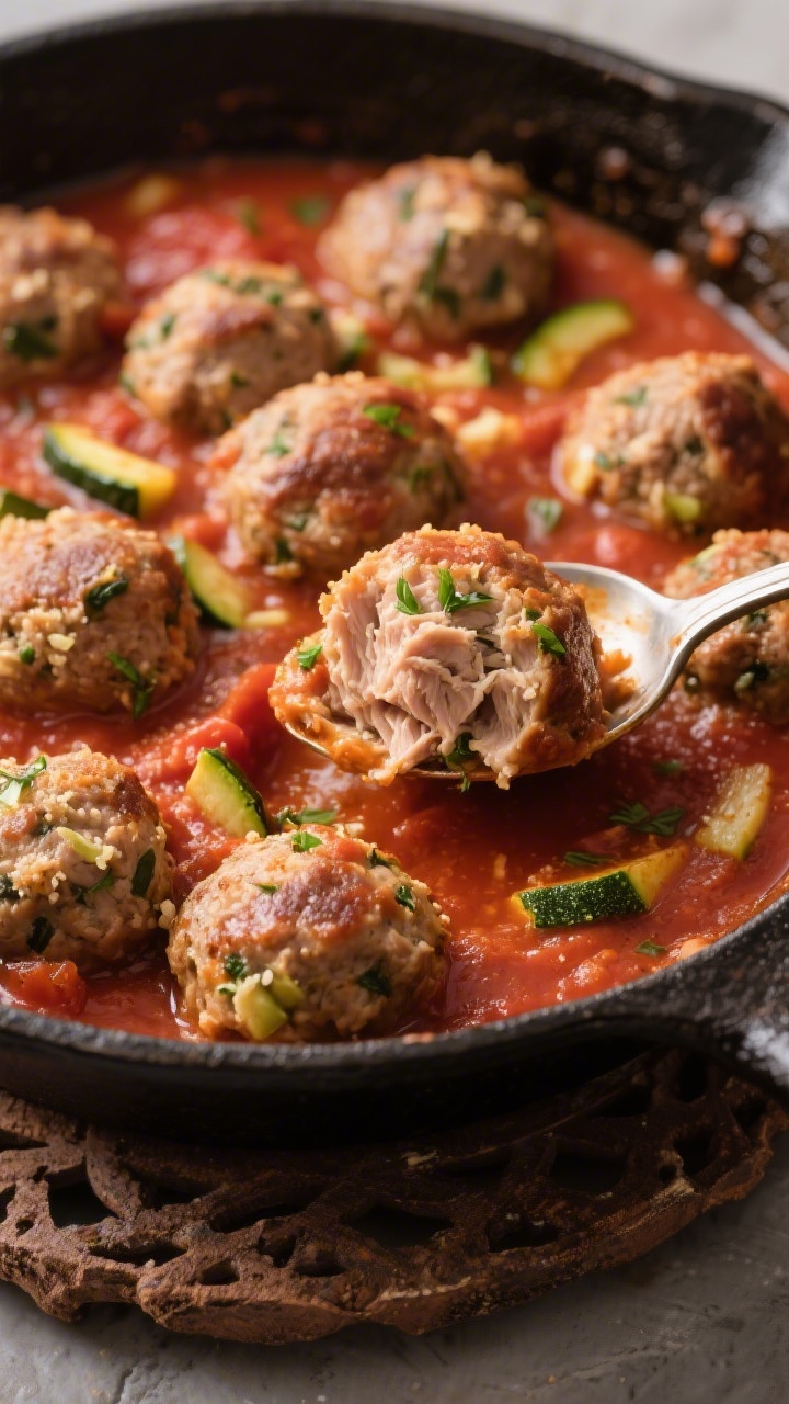 Straight-on skillet scene of veggie-loaded turkey meatballs simmering in hidden marinara: bite-size, evenly browned turkey meatballs speckled with very finely grated zucchini and bound with fine breadcrumbs, nestled in a smooth tomato marinara that barely reveals the veg. The cast-iron skillet sits on a rustic trivet; a spoon lifts one meatball to show moist interior. Garnish with a minimal sprinkle of herbs for color; warm, family-dinner mood without any people.