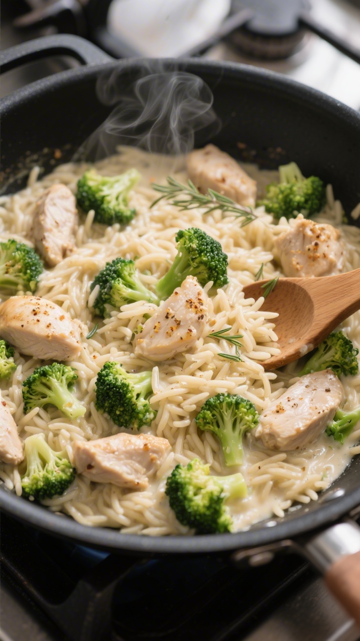 Straight-on skillet shot of creamy chicken broccoli orzo, one-pan style: tender orzo swirled in a light, velvety sauce with bite-sized chicken thigh pieces and bright green broccoli florets; seasoning flecks of garlic powder, onion powder, dried thyme visible; steam rising from a black sauté pan on the stovetop, a wooden spoon resting on the rim, family-friendly comfort mood.